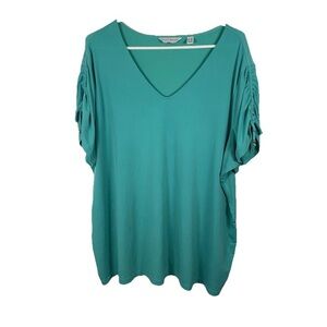 Susan Graver Liquid Knit Tunic Size 2XL Aqua Blue V Neck 3/4‎ Ruched Tie Sleeves